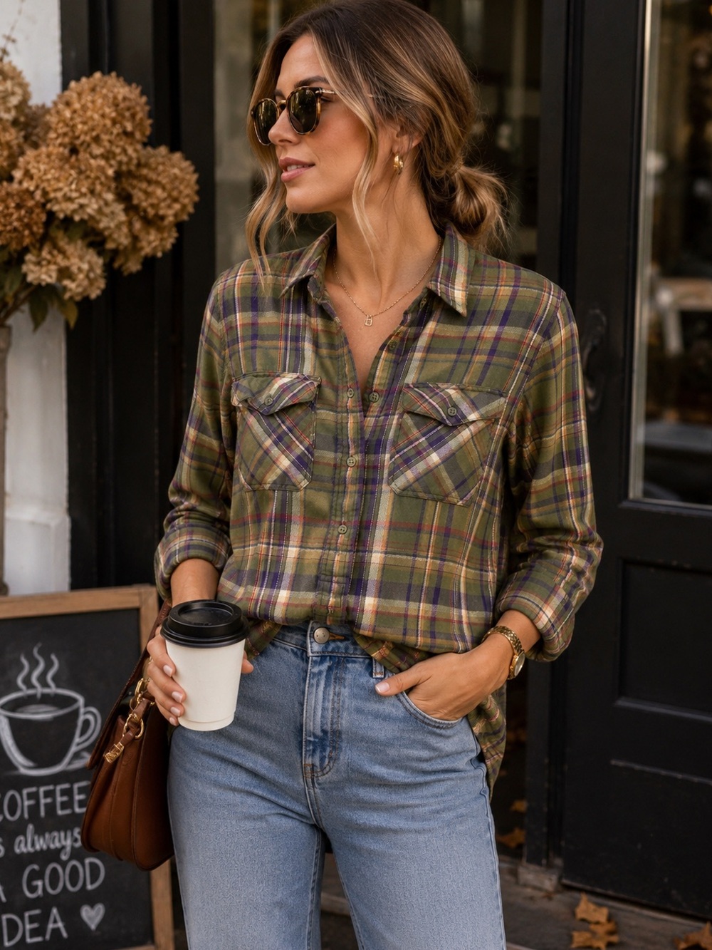 Lauren Ralph Lauren Plaid Flannel Button Up Shirt Olive Green Purple Medium